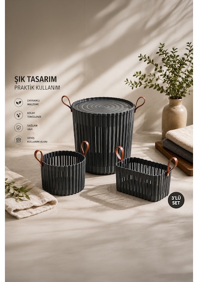 Porsima 4314 Antrasit 3'lü Sepet Seti Banyo Mutfak Organizeri