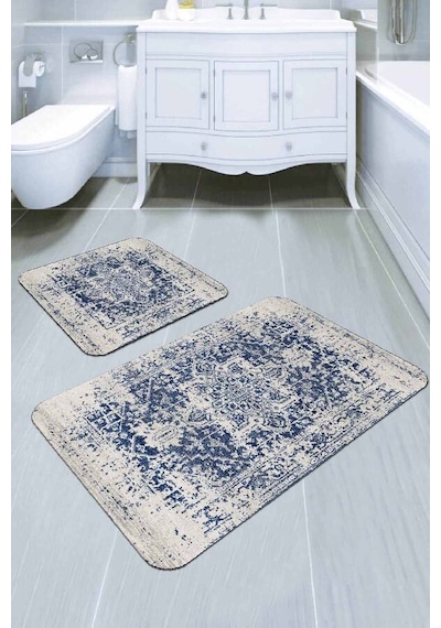 Mavi Modern Klasik Banyo Halısı Klozet Paspas Seti Bs278n11
