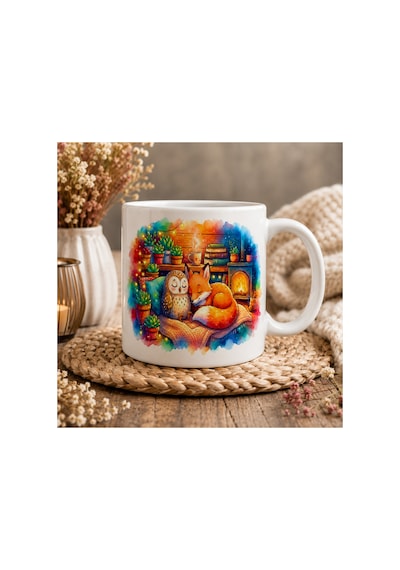 Tilki Ve Baykuş Seramik Kupa 300 Ml Çift Taraflı Baskı Cozy Orman Temalı Kahve Kupası Beyaz