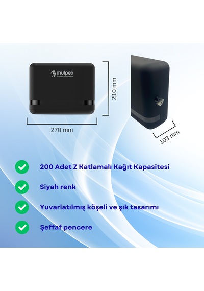 Mulpex Siyah Duvara Monte Z Katlamalı Kağıt Havlu Dispenseri Premium Abs Gövde, Anahtarlı Kilit, Vidalı & Yapışkan Montaj Siyah