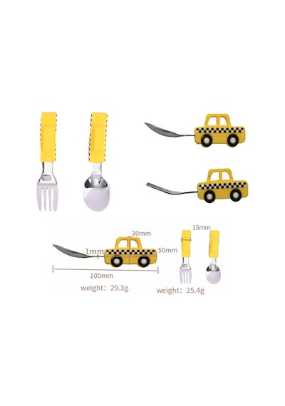 Jojobebek Kaşık Çatal Seti, Ergonomik Kısa Saplı Silikon, Paslanmaz Çelik Uçlu, Saklama Kutulu, (9-24 Ay) (TAKSİ FİGÜRLÜ-SARI)