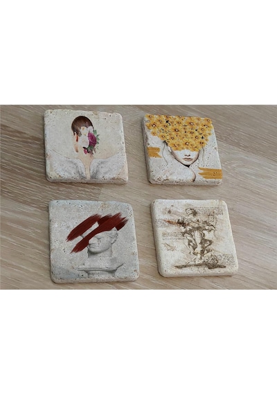 Tasarım Büst Heykel Ve Kadın Figürler Doğal Taş Bardak Altlığı 4'lü Set - Natural Stone Coasters - Taş Beyaz