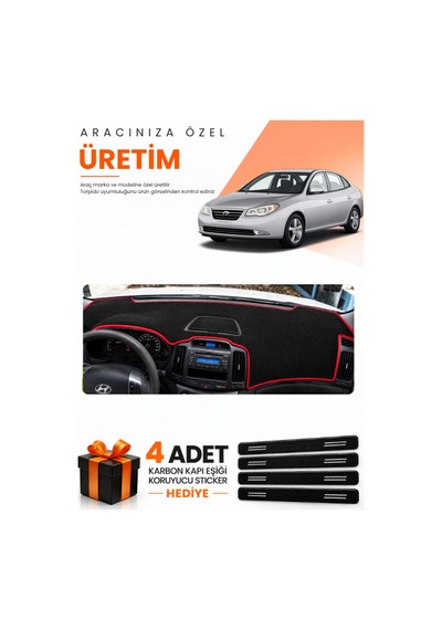 Hyundai Elantra 2007-2011 Uyumlu Torpido Koruma Örtüsü Oto Kılıfı - Siyah Kırmızı