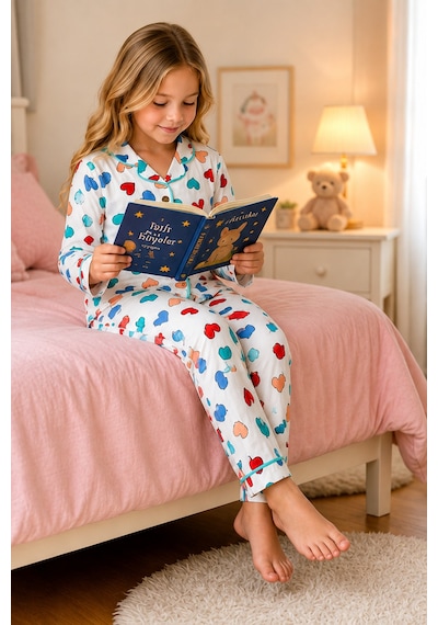 Beniizle Kız Çocuk Kalp Desenli Uzun Kollu Pijama Takımı Düğmeli Üst Alt 2 Li Ev Giyim Seti Beyaz Beniizle Kız Çocuk Kalp Desenli Uzun Kollu Pijama Takımı Düğmeli Üst Alt 2 Li Ev Giyim Seti Beyaz
