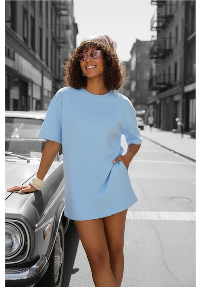 Mily Kadın Oversize Basic Bisiklet Yaka Pamuklu T-shirt Rahat Kesim Unisex Sevgili Kombini Turkuaz