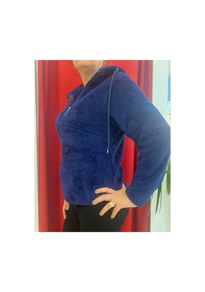 Rouge Basic Kapşonlu Yarım Fermuar Peluş Sweat Lacivert