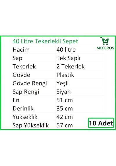 Tekerlekli Plastik Market Alışveriş El Sepeti 40 Litre Yeşil 10 Adet
