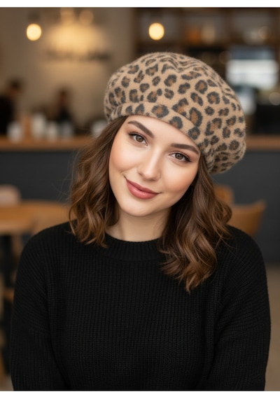 Derikem Fransız Tüylü Peluş Ressam Bere Kadın Şapka Leopar-bej