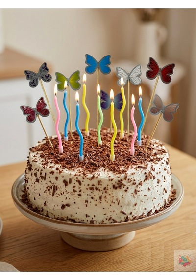 Renkli Kelebek Cake Topper Ve Makaron Seti 12 Li Çok Renkli