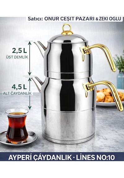 Lines Ayperi L-3040 Mega Boy Çaydanlık No:10 Paslanmaz Çelik Büyük Boy Çaydanlık Takımı 2.5 L + 4.5 L Gold Saplı Krom