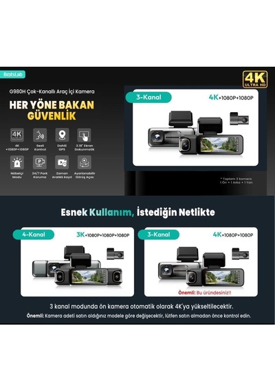 Ses Kontrolü,3 Kanallı 3,18 İnç Dokunmatik Ekran, 2160p + 1080p + 1080p Ön Ve Arka İç Döngü Kaydı, 5,8 Ghz Wifi