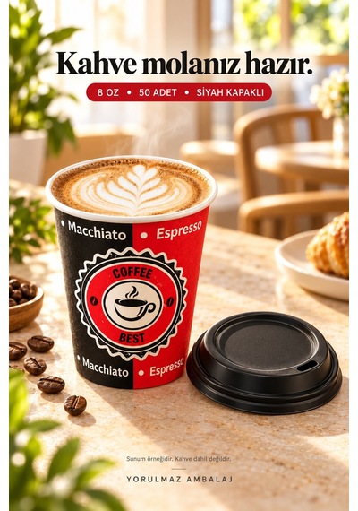 8 Oz Kapaklı Karton Bardak 50 Adet Sıcak Soğuk İçecek Uyumlu Kapaklı Kağıt Bardak Renkli