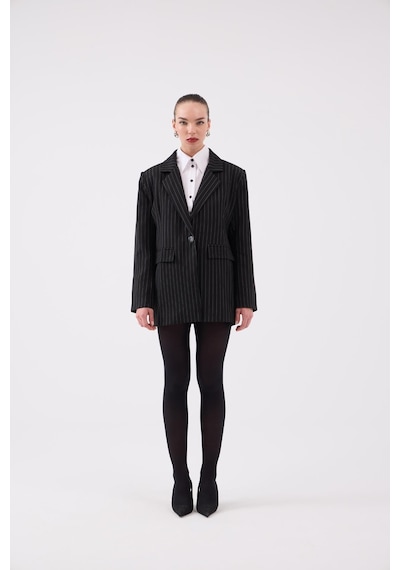 Holly Lolly Oversize Kesim Çizgili Strip Blazer Ceket Siyah