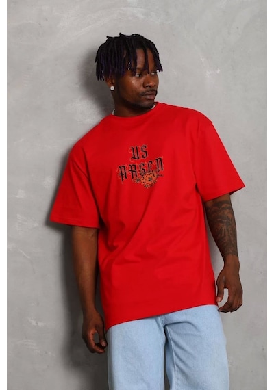 Unisex Oversize Baskılı Bisiklet Yaka T-shirt - Kırmızı Kırmızı