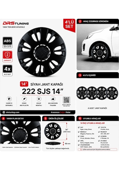 Nissan Uyumlu 14 Inc Kırılmaz Parlak Siyah Jant Kapağı 1 Takım 4 Adet No:222