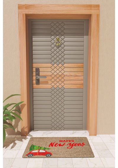 Rugmood Modern Dijtal Baskı Yılbaşı Ağaçlı Kırmızı Araba New Year Kapı Önü Paspası Çok Renkli
