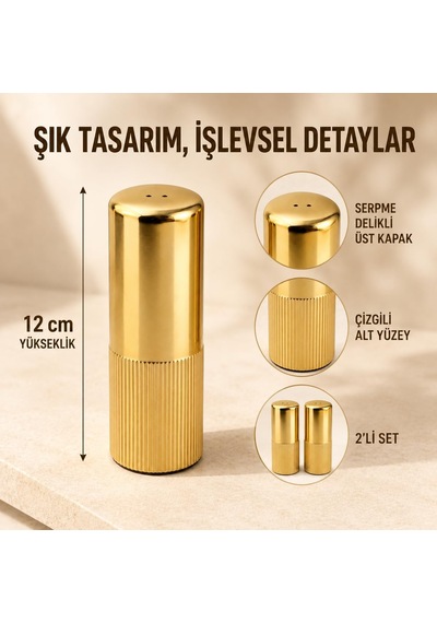 2 Li Gold Tuzluk Ve Baharatlık Seti, Şık Çizgili Mika Gövde, Masa Ve Mutfak Kullanımına Uygun Dekoratif Tuz Biber Kabı Çok Renkli