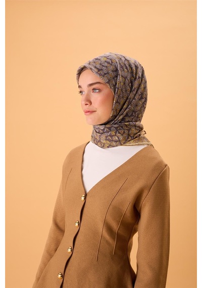 Silk Home İnce Pamuk Soft Eşarp Hardal Koyu Vizon Gri Sarı Desenli Kaymaz Dokulu Tok Duruşlu 90x90 Çok Renkli