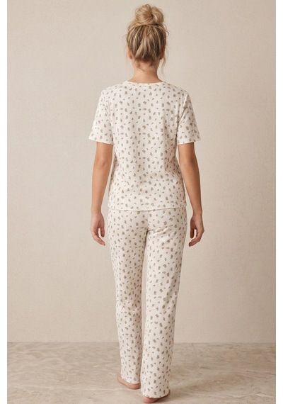 Siyah İnci Pamuklu Fitilli Kaşkorse Örme Pijama Takım 26120402 Ekru