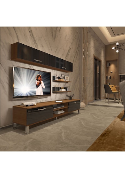 Decoraktiv Eko 5 Mdf Dvd Krom Ayaklı Tv Ünitesi Tv Sehpası Ceviz - Siyah