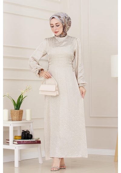 Banu Yanı Bağcıklı Saten Abiye-bej-4951
