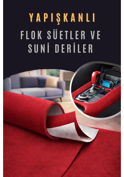 Yapışkanlı Flok Süet Suni Deri 100 X 150 -kırmızı Kırmızı