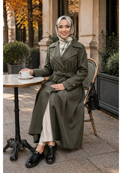 Hb Harma Time Butik Kadın Çift Düğmeli Kuşaklı Astarlı Bondit Haki Trençkot