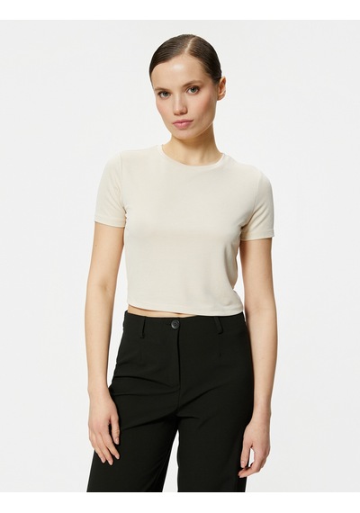 Koton Crop Tişört Kısa Kollu Bisiklet Yaka Modal Karışımlı Bej 4sak50259ek Ekru