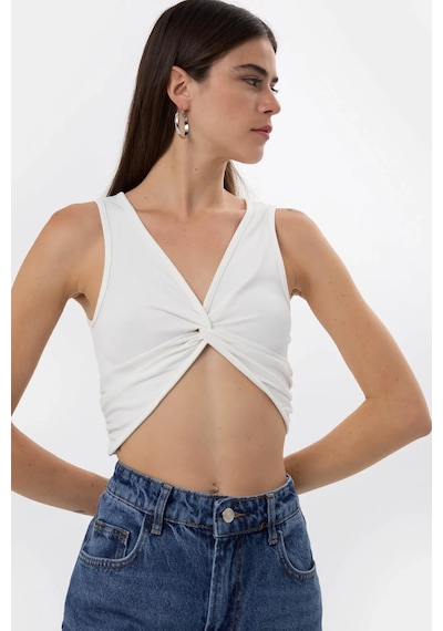 Hiccup Düz Renkli Fitilli Ön Kıvrık Crop Top Beyaz