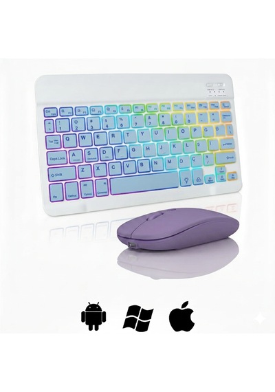 Microcase Rgb Tablet Ve Telefonlar İçin Türkçe Bluetooth Klavye Ve Mouse Set - Al7815 Mor
