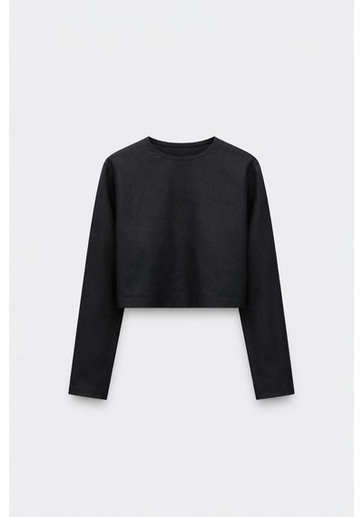 Suud Collection Siyah Mussel Crop Keten Bluz