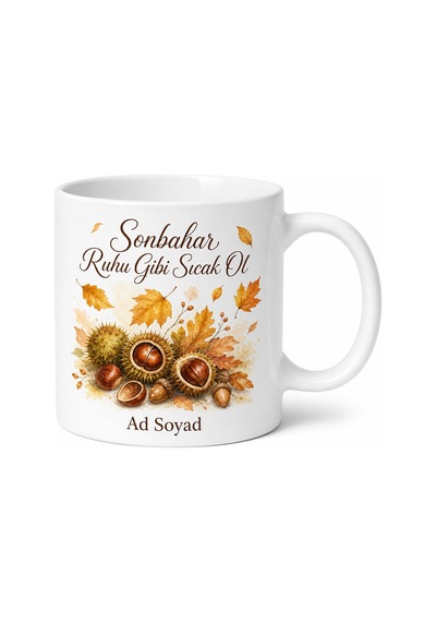 Kestane Ve Sonbahar Temalı Baskılı Kupa Bardak Hediye Porselen Mug Beyaz / Çok Renkli