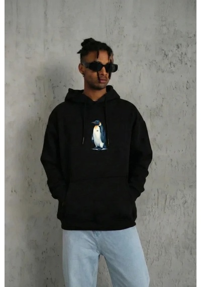 Vexor Siyah Oversize Hoodie - Sırt Baskılı Survivor Penguin Temalı, Felsefi Yazılı Kapüşonlu Sweatsh