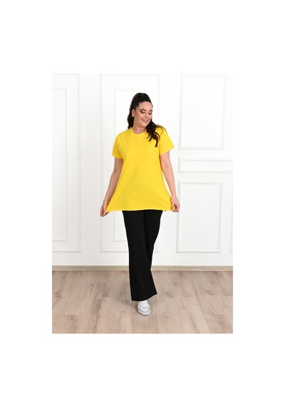 Kadın Bisiklet Yaka Yırtmaç Detaylı Büyük Beden Tshirt 9633-22 001