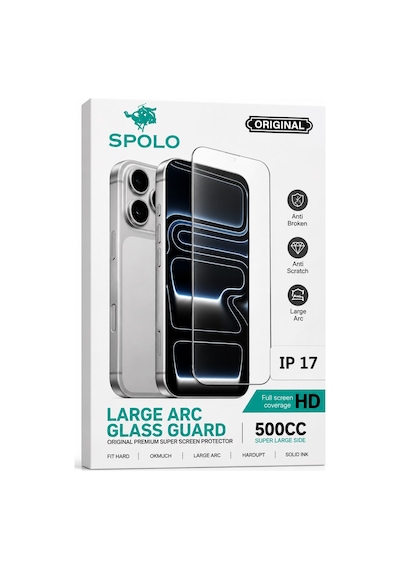 Spolo İphone 17 Ekran Koruyucu Large Arc 500cc Full Hd Oval Kenarlı Darbe Ve Çizilme Koruyucu Cam