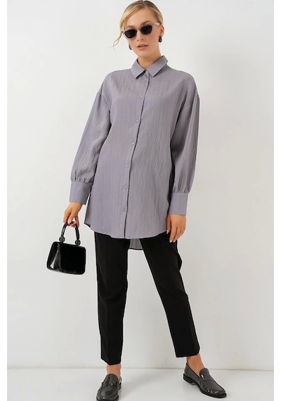 Defymoda Çizgili Uzun Gömlek Tunik 5963 - Gri Gri