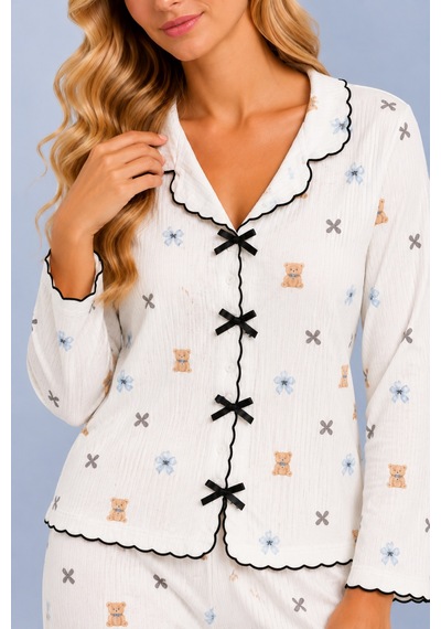 Pijamask Kadın Desenli Fiyonk Detaylı Düğmeli Uzun Kollu Müslin Pijama Takımı Beyaz-22