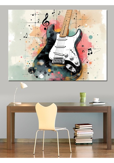 Siyah Beyaz Gitar Sıçraması Dekoratif Kanvas - Mdf Ahşap Tablo
