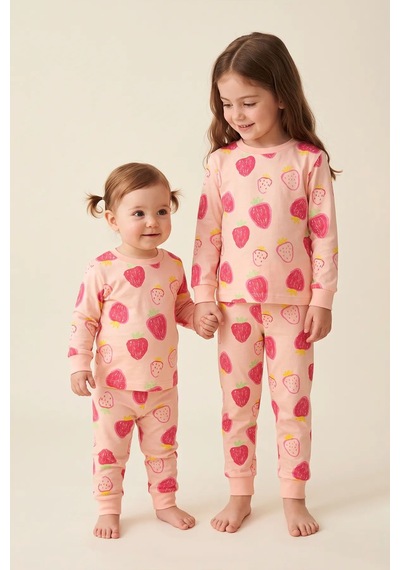 Zuzunga Kız Çocuk Strawberry - Çilek Desenli Uzun Kollu Pijama Takımı Pembe