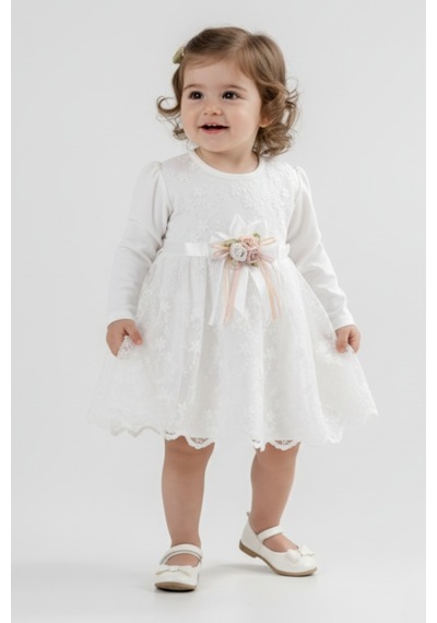 Mnk Baby & Kids Kız Bebek Kurdelalı Çiçekli Dantel Elbise M00768 ekru