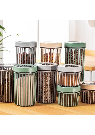 3'lü Çevir Aç Kapak Kavanoz Plastik Saklama Kabı Seti, Büyük, Orta, Küçük, 3 Boy Bej Açık Gri