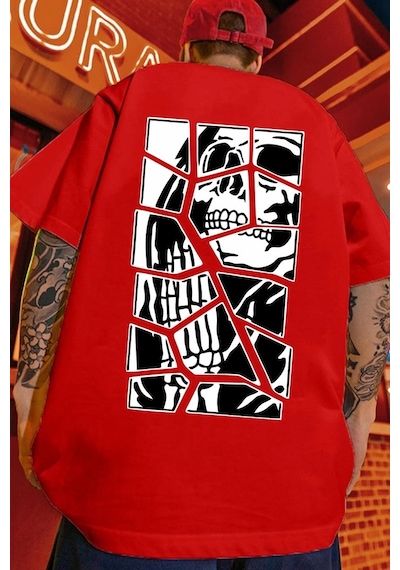 Unisex Skullcracked Baskılı T-shirt Kırmızı