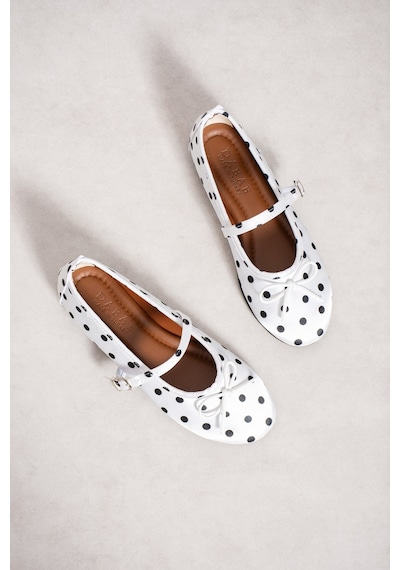 Dabab Shoes Penelop Kadın Beyaz Saten Puantiyeli Fiyonk Detaylı Ayarlanabilir Tokalı Ortopedik Taban Mary Jane Babet Ayakkabı