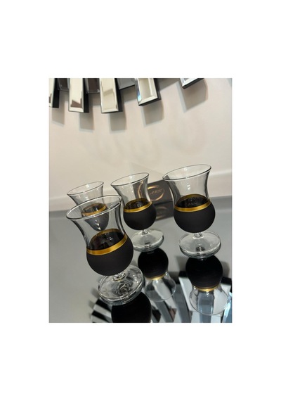 Gala 4'lü Kahve Yanı Su Bardağı, Çay Bardağı, Yaldızlı Black 4'lü Ayaklı Bardak Gold-yaldız-çok Renkli-siyah