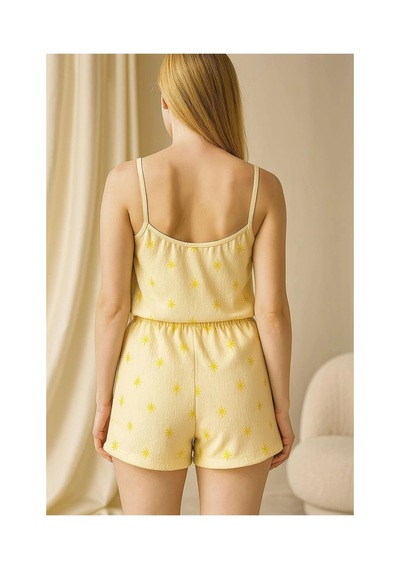 L'ombre Sarı Üstüne Desenli Askılı Şortlu Pijama Takımı