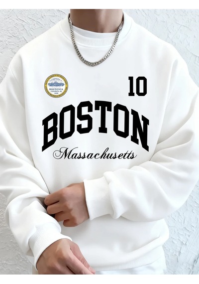 Startmore Tarzsokak Boston Massachusetts Baskılı Erkek Tişörtü Sonbahar Gevşek Kapüşonlu Üst Hip Hop Bisiklet Yak Beyaz