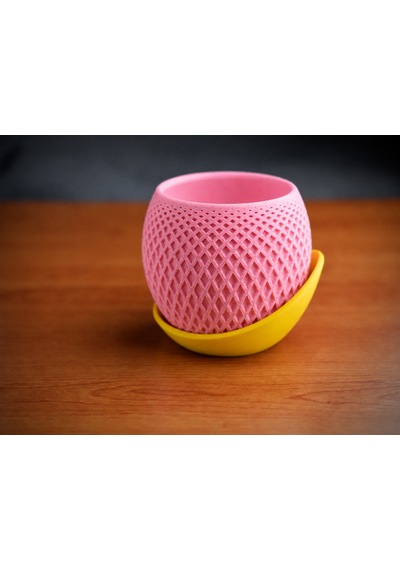 3d Baskı Küre Saksı - Kafes Dokulu İki Parçalı Dekoratif Saksı - Pembe-sarı Çok Renkli