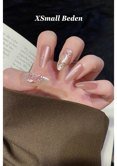 Xsmall Beden Uzun Badem Pembe Kalp Desenli 10 Adet Takma Tırnak Seti T104 Kalp Nail Art