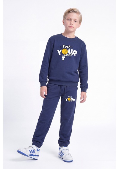 Panios Kids 3 İplik Baskılı Erkek Çocuk Çift Cepli Bisiklet Yaka 2'li Eşofman Takımı 4 Parça Gri - Lacivert