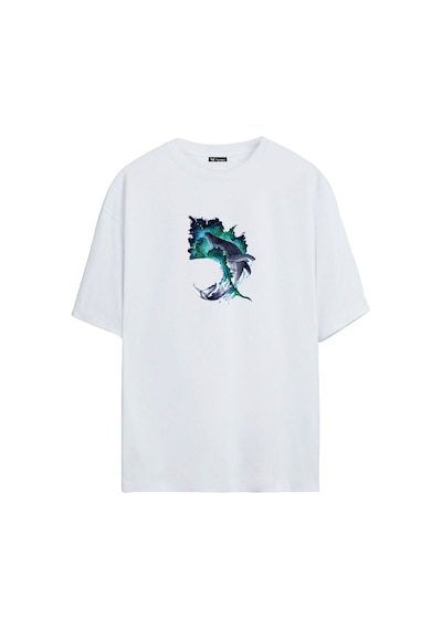 Thewert Unisex Balina Baskılı Beyaz Oversize Tshirt